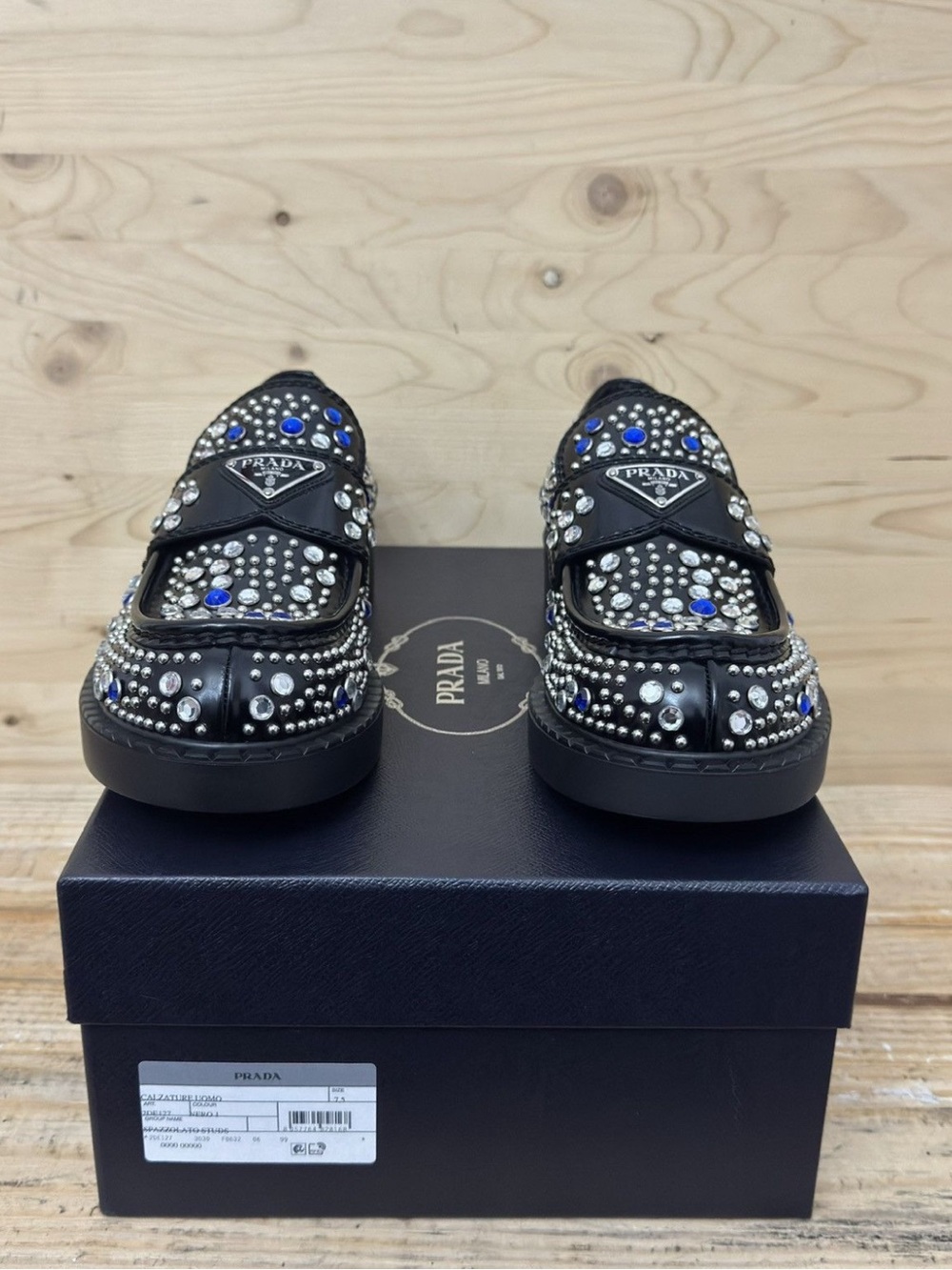 Prada Black Leather Crystal & Blue Studded Loafers